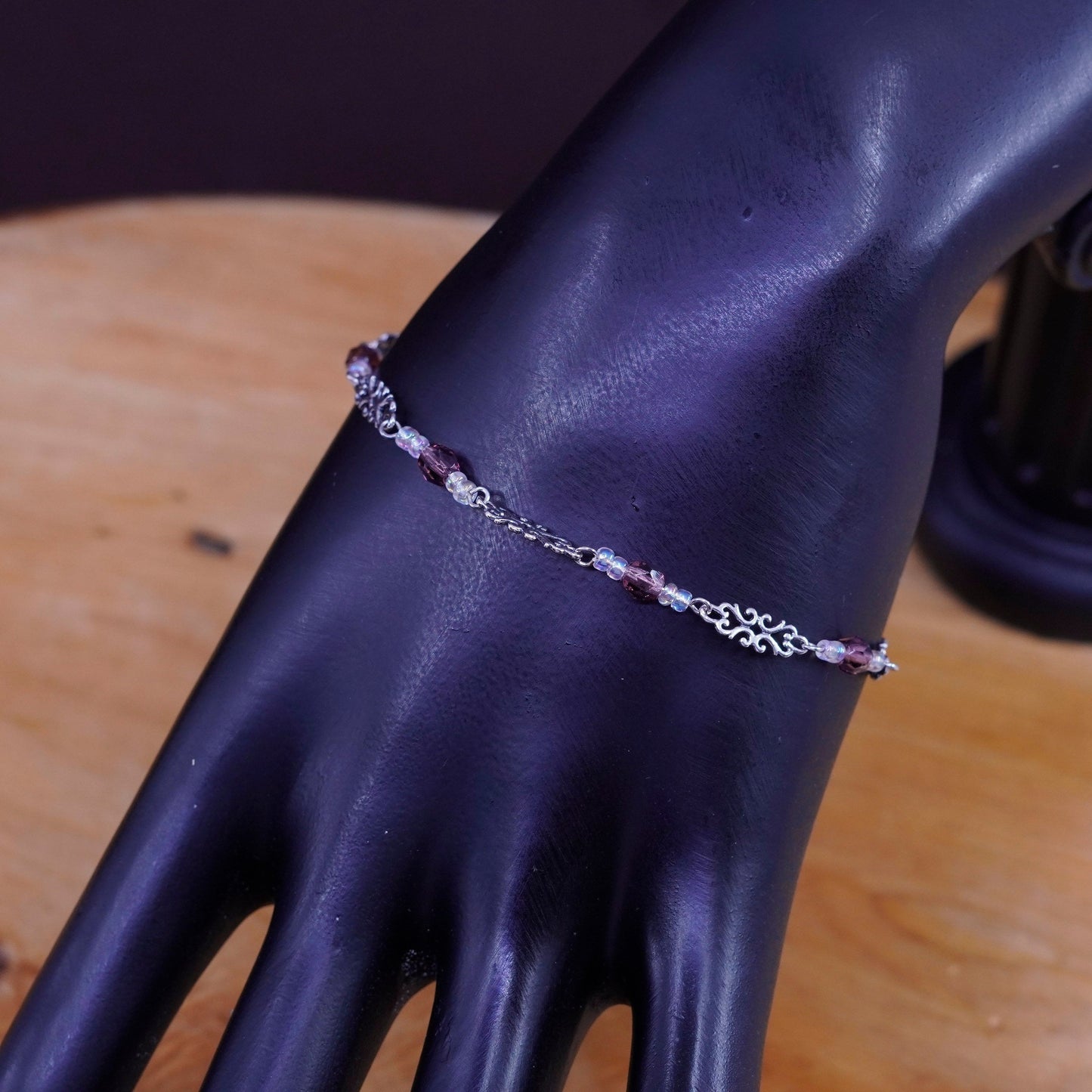 7”, vintage Sterling silver handmade bracelet, 925 chain with crystal beads