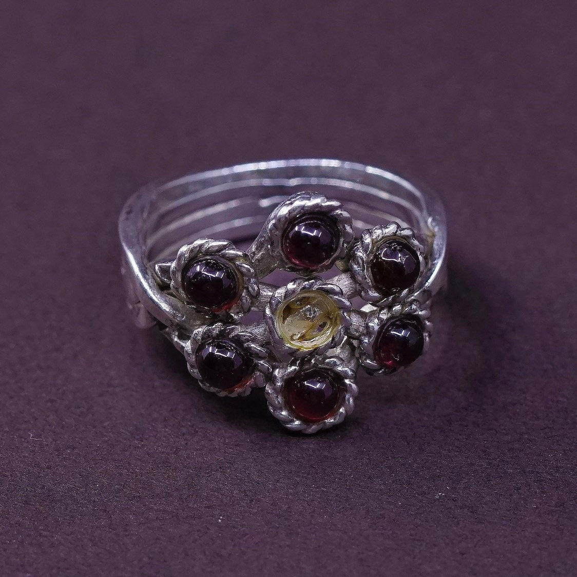 sz 5.5, vtg Sterling silver handmade ring, 925 band w/ Garnet