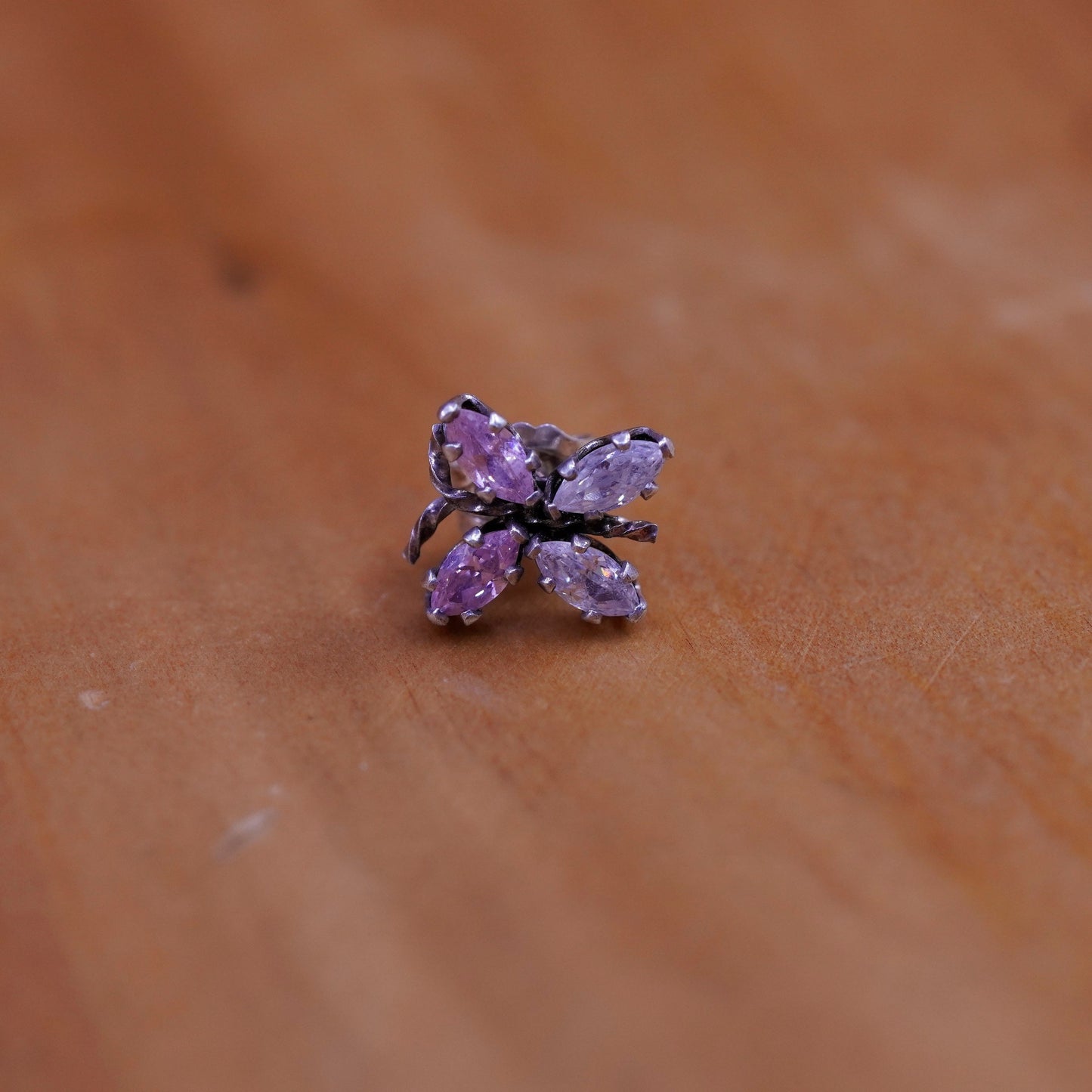 Vintage Sterling 925 silver handmade earrings, butterfly studs with cz