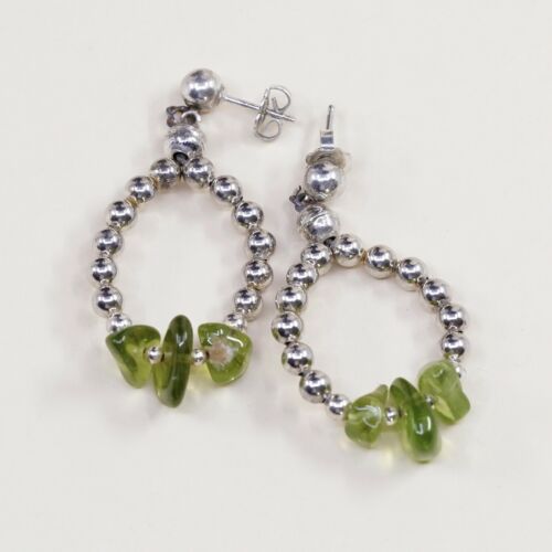 Vtg Mexico Sterling Silver Handmade Earrings, 925 Dangles W Peridot Beads