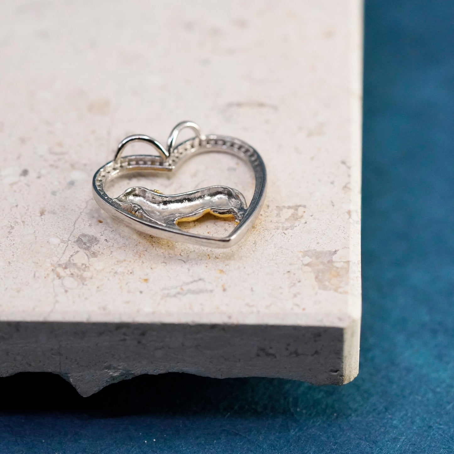 Vermeil gold over Sterling silver pendant, 925 heart with Dachshund dog diamond