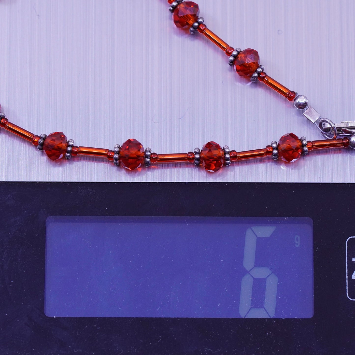 8”, vintage Sterling 925 silver handmade bracelet with red crystal beads