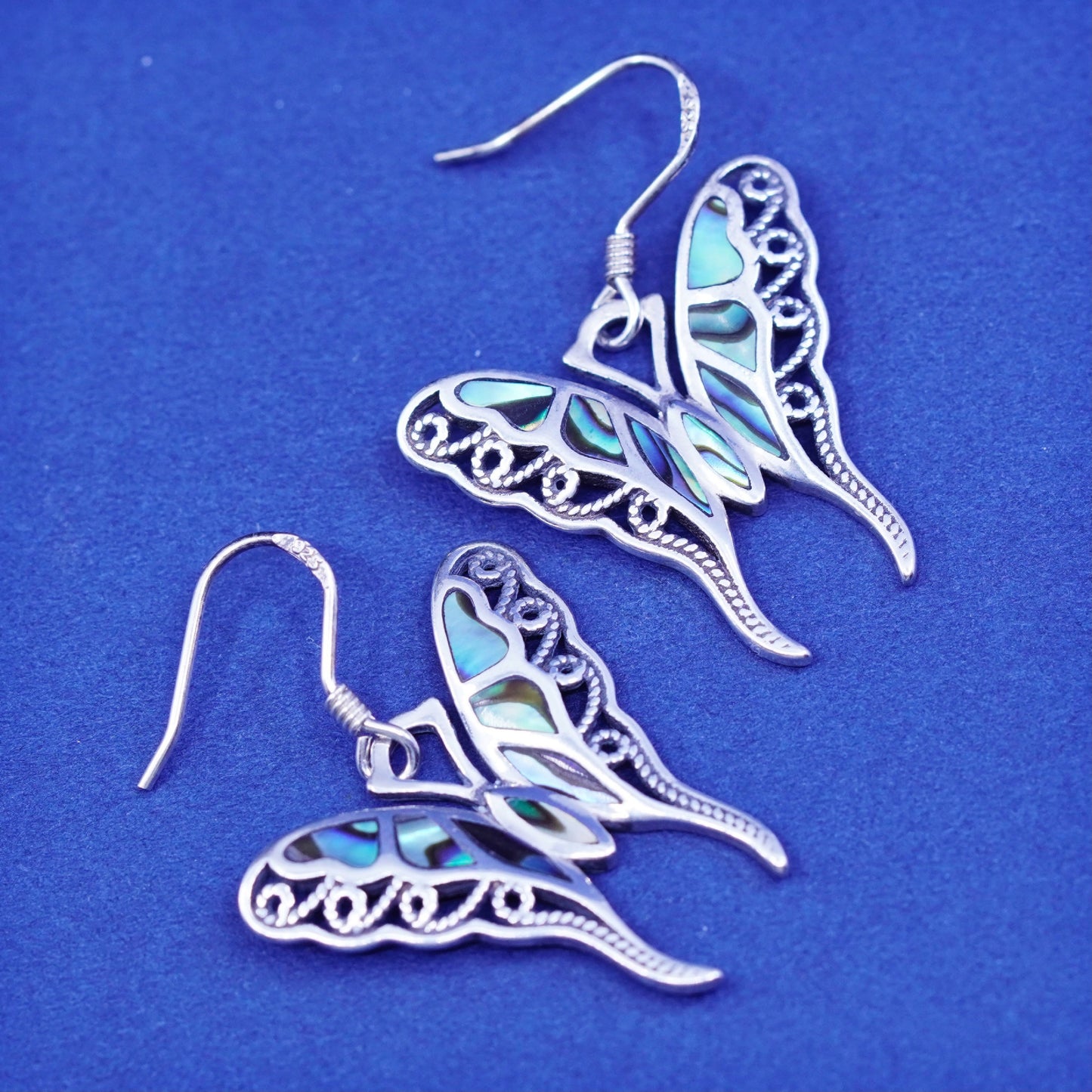 EJI Sterling silver handmade dangles, 925 filigree butterfly earrings abalone