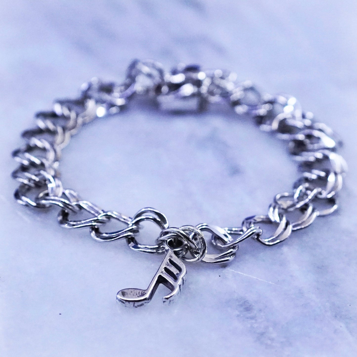 6.5”, Sterling silver bracelet, 925 double curb chain music note symbol charm