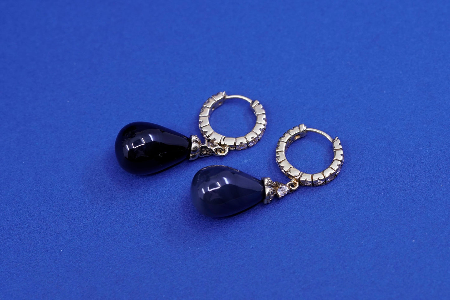 vermeil gold over Sterling silver earrings, 925 hooks, huggie w/ Cz N obsidian