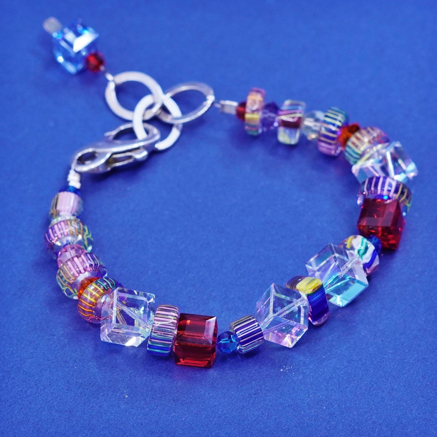 5.75+1”, Vintage handmade sterling silver bracelet with crystal and glass beads