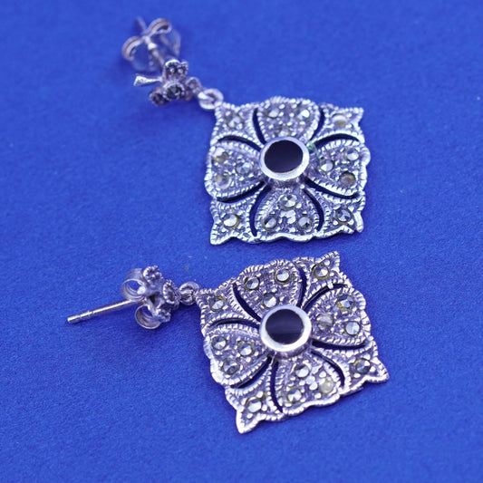 Vintage sterling 925 silver handmade earrings with round obsidian and marcasite
