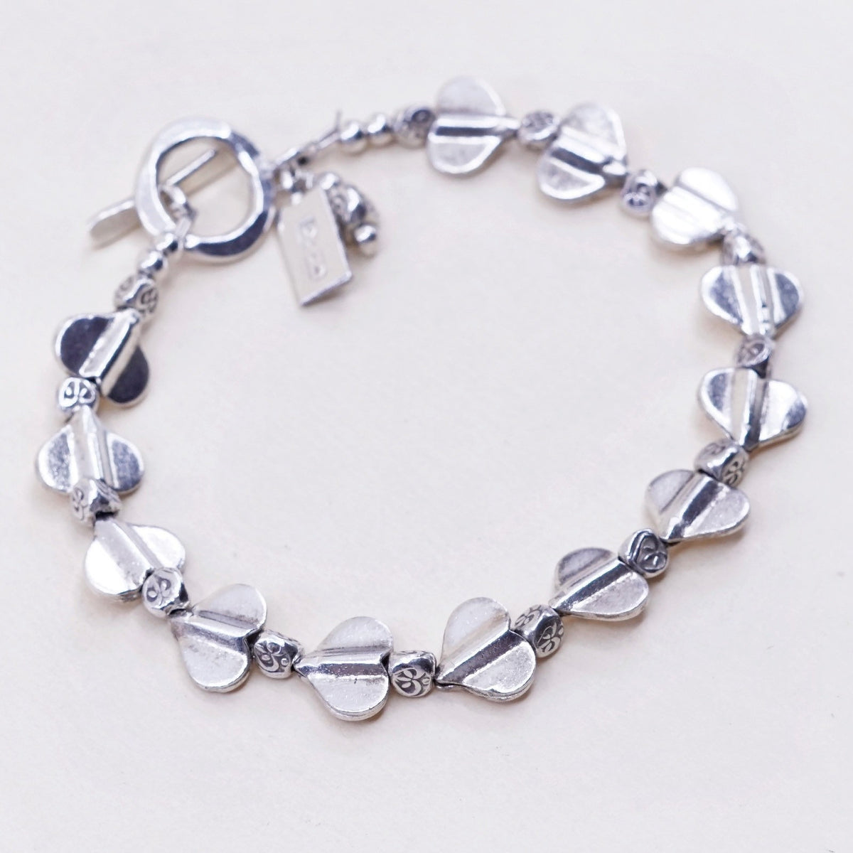 7”, Vintage Native American sterling silver bracelet, 925 heart link chain