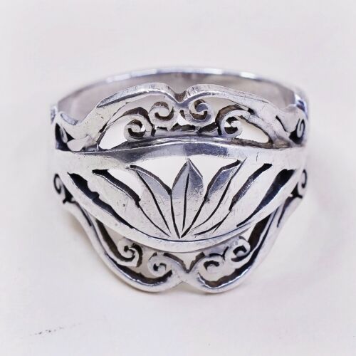 Sz 7.5, Vtg 925 Sterling Silver Handmade Band Ring Filigree Leaves, Stamped 925