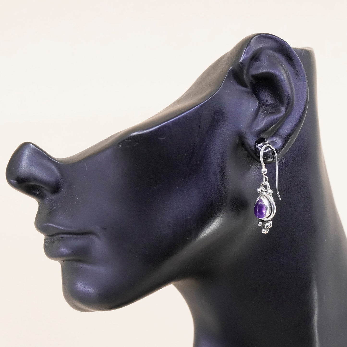 Vintage sterling 925 silver handmade earrings with teardrop amethyst and beads