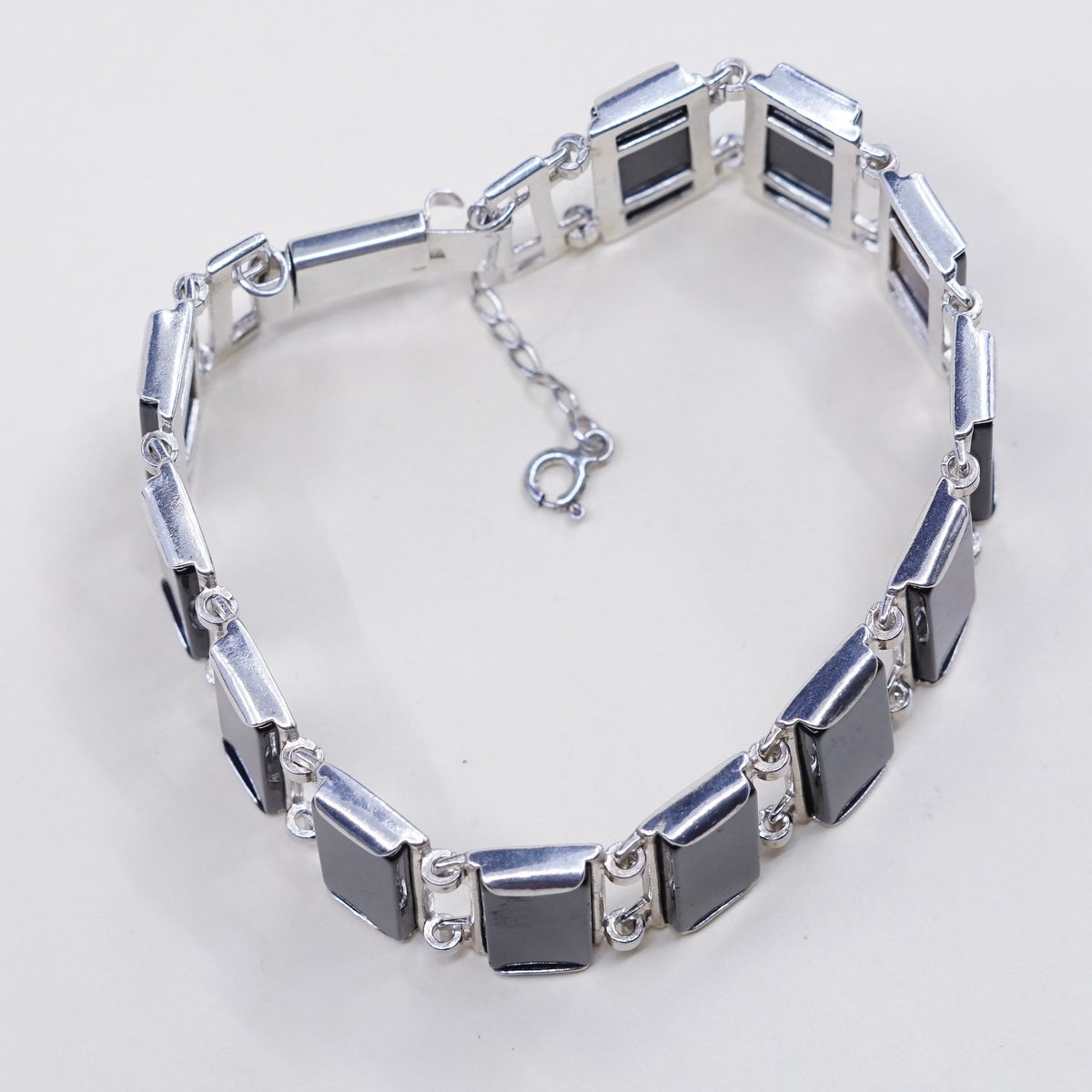 7.5”, Vintage Sterling silver handmade bracelet, Mexico 925 w/ square obsidian