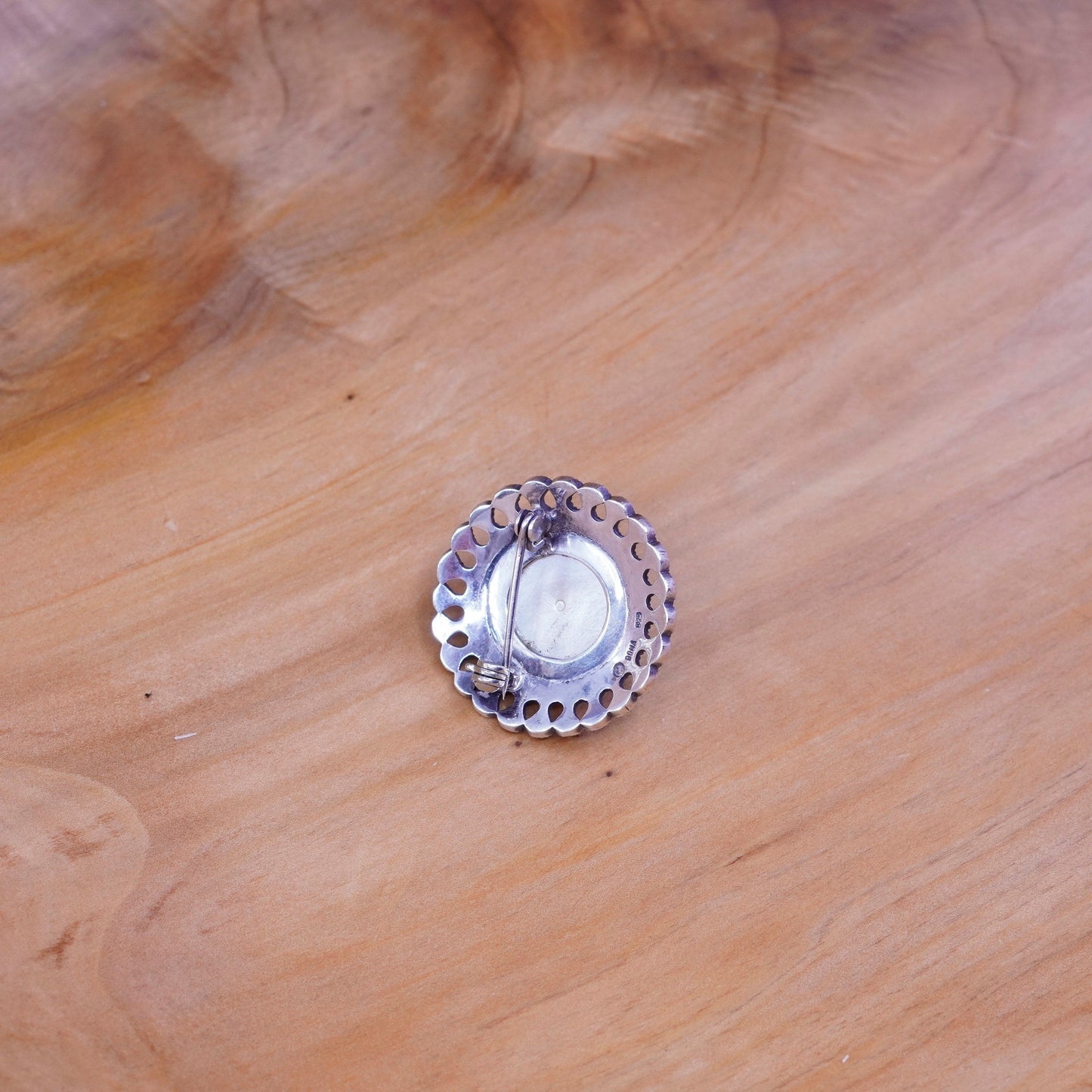Boma handmade sterling silver brooch, 925 round pin with faux pearl marcasite