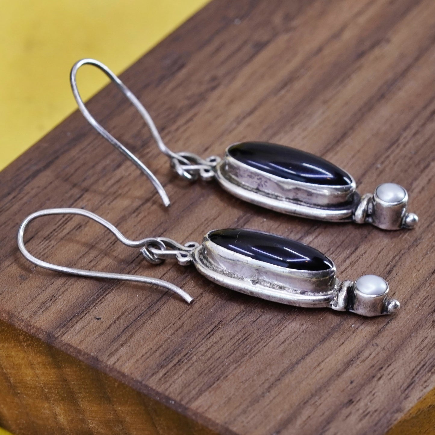 Vintage Sterling 925 silver handmade earrings with long onyx and pearl
