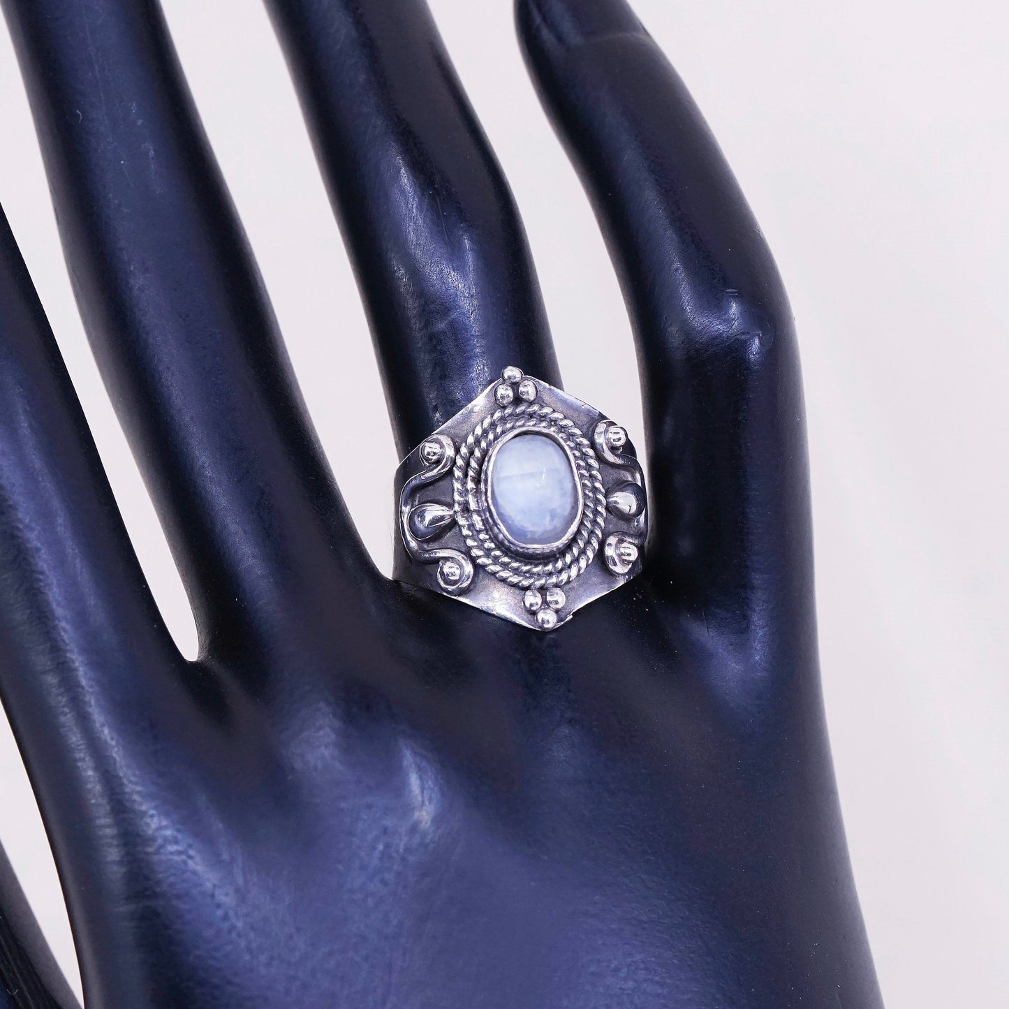 sz 8, vtg sterling silver handmade ring, 925 wide band w/ moonstone and beads