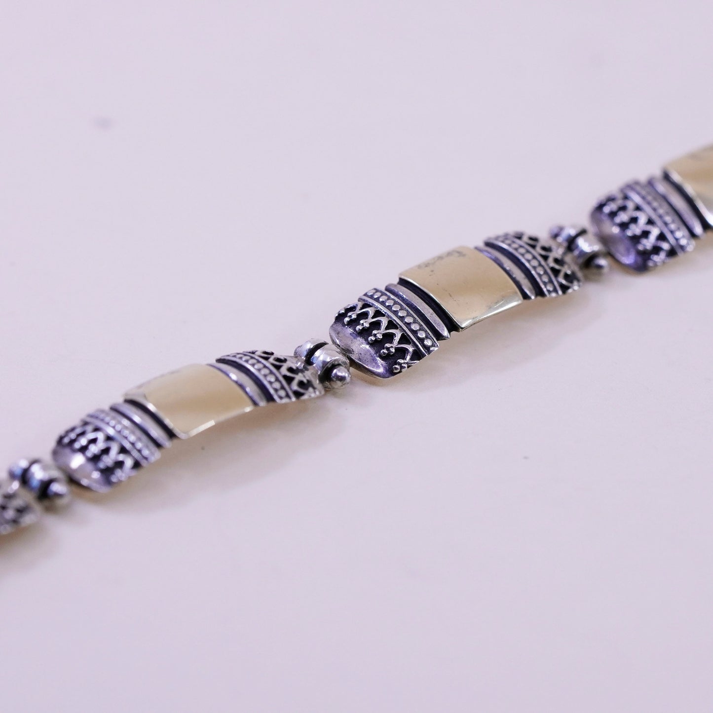 6.75”, 14K gold accent w/ sterling silver handmade bracelet, 925 bar chain bail