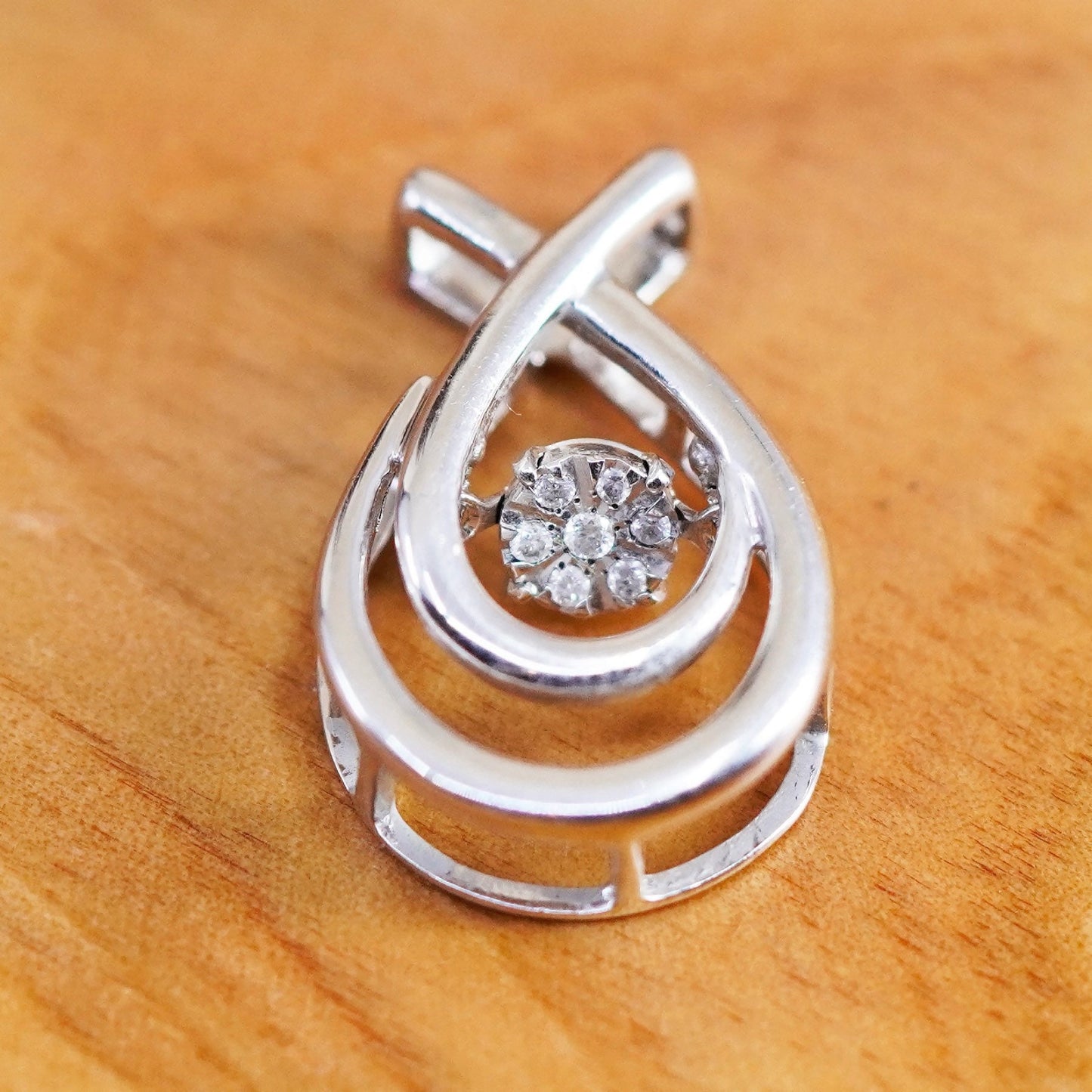 Vintage sterling silver pendant, 925 teardrop with dancing genuine diamond