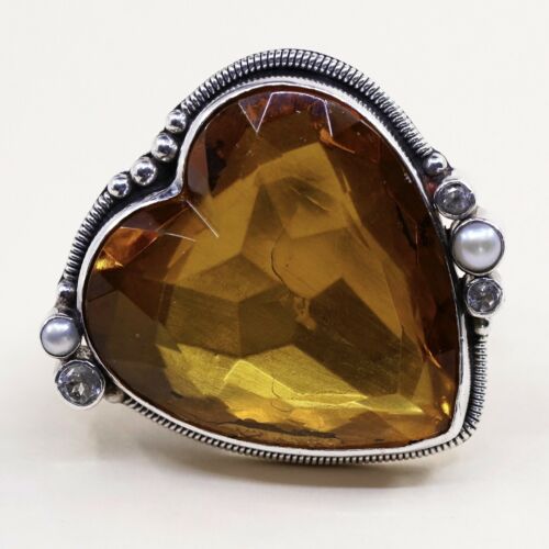 Sz 8, Vtg Massive Cocktail Mars And Valentine Huge Sterling Yellow Crystal Ring