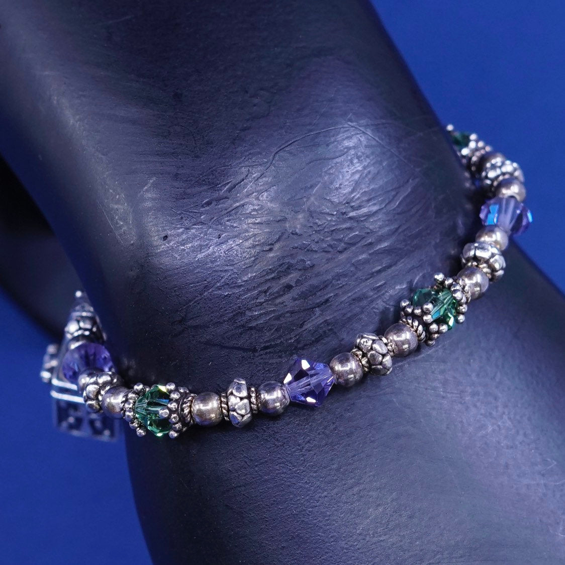6.75", vtg sterling silver bracelet 925 beads w/ crystal N prayer locket charms