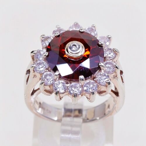 Sz 8, Vtg Vermeil Gold Sterling silver Statement ring, 925 Crown W/ Ruby N Cz