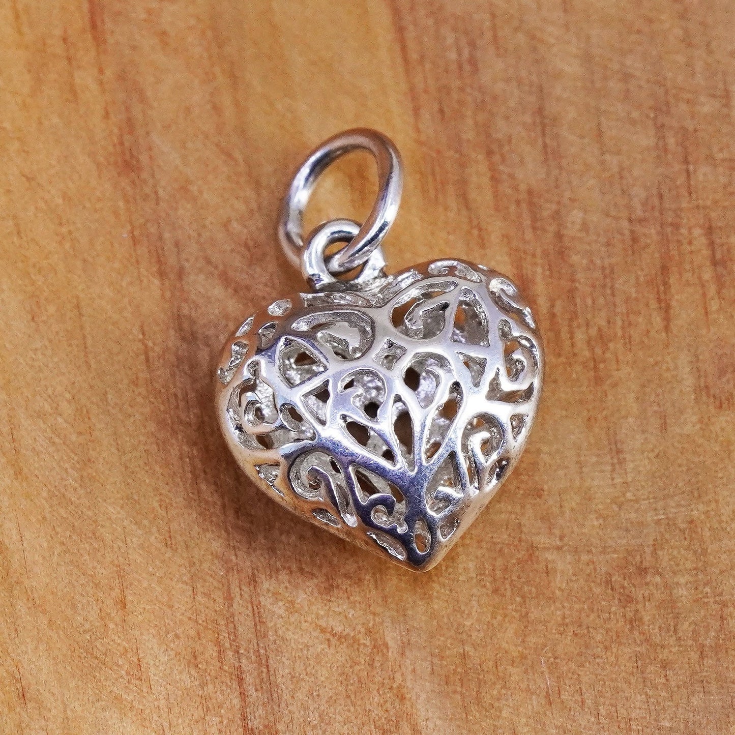 Vintage Sterling silver handmade pendant, 925 filigree puffy heart pendant