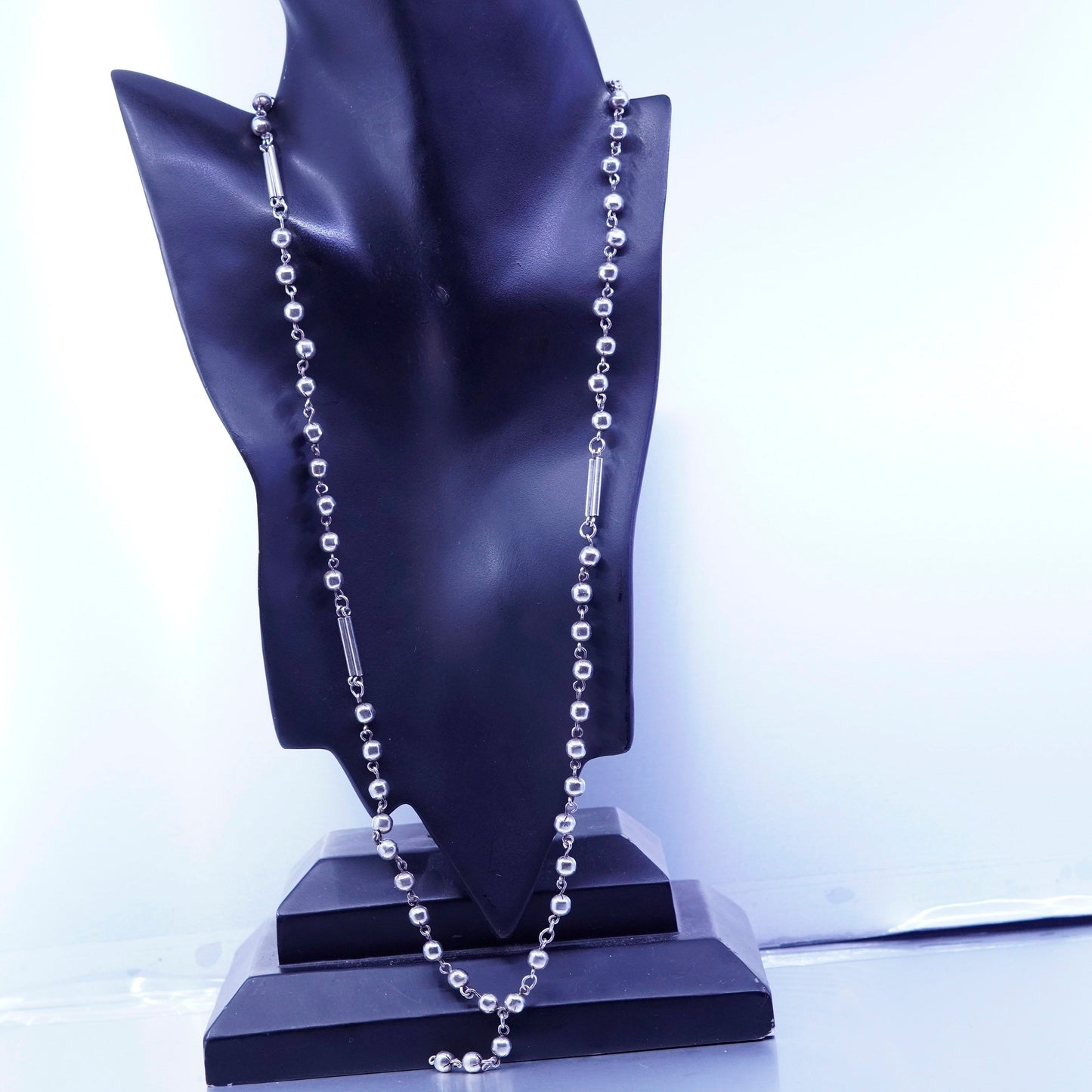 28”, vintage Sterling 925 silver handmade bead necklace