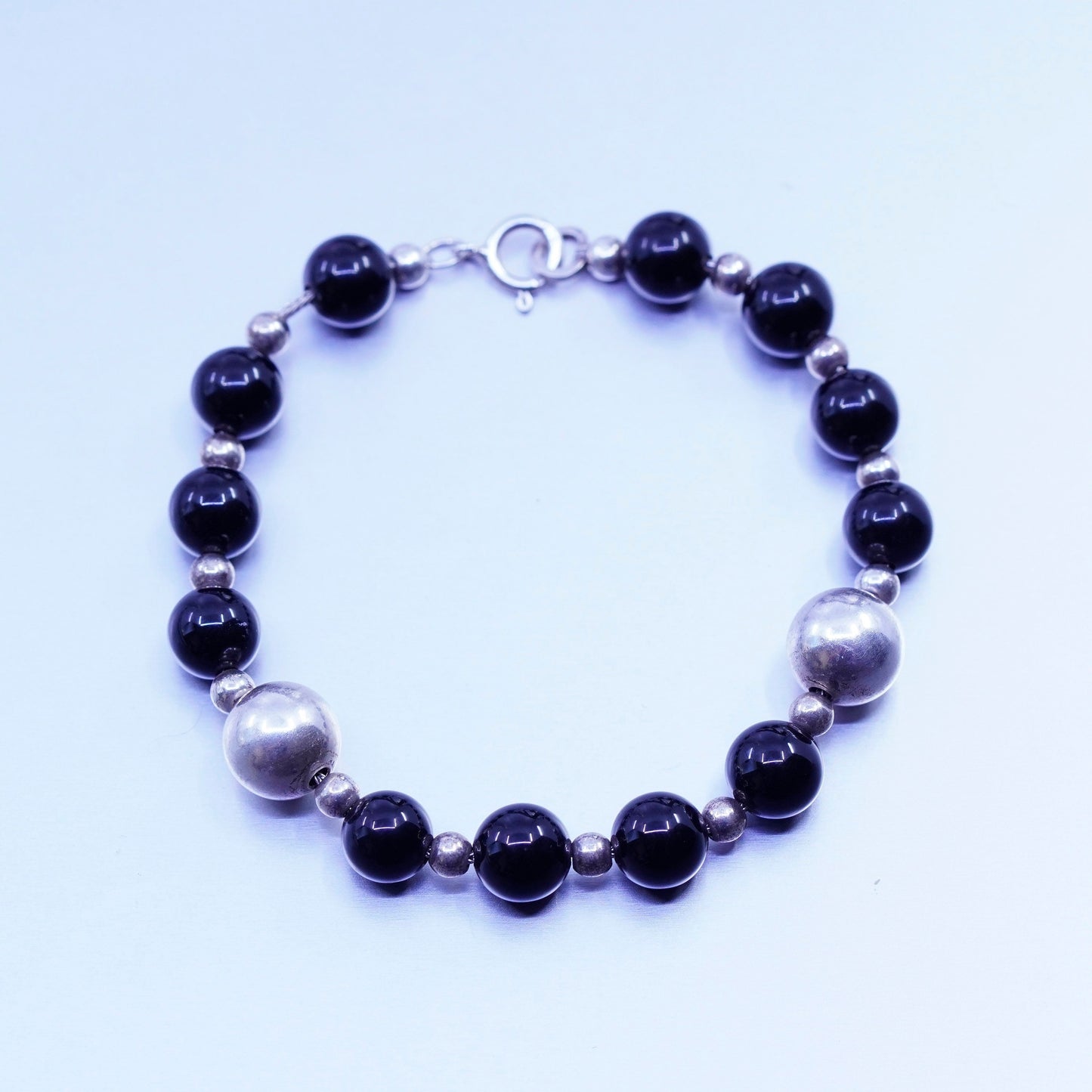 6.5”, vintage bali Sterling 925 silver bracelet with obsidian beads