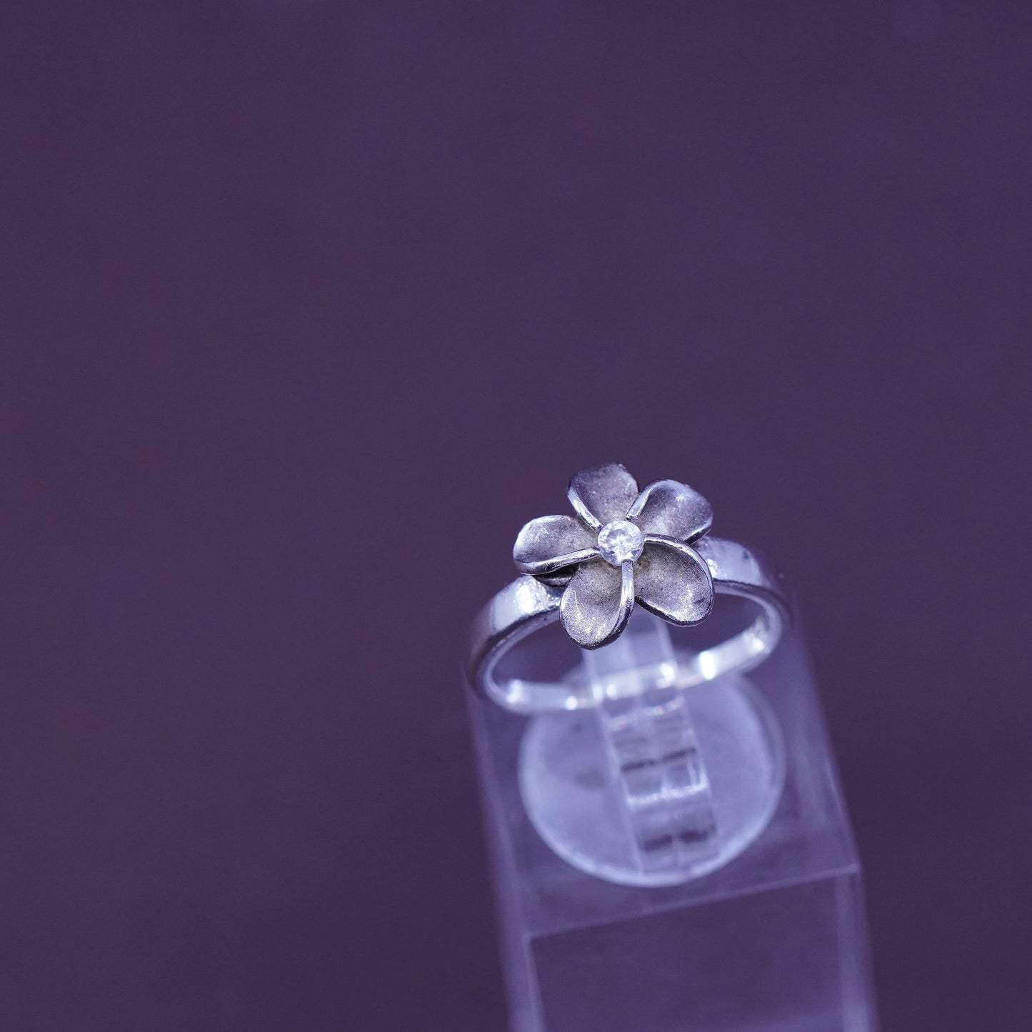 Size 6, vintage Sterling silver ring, modern 925 plumeria flower with Cz