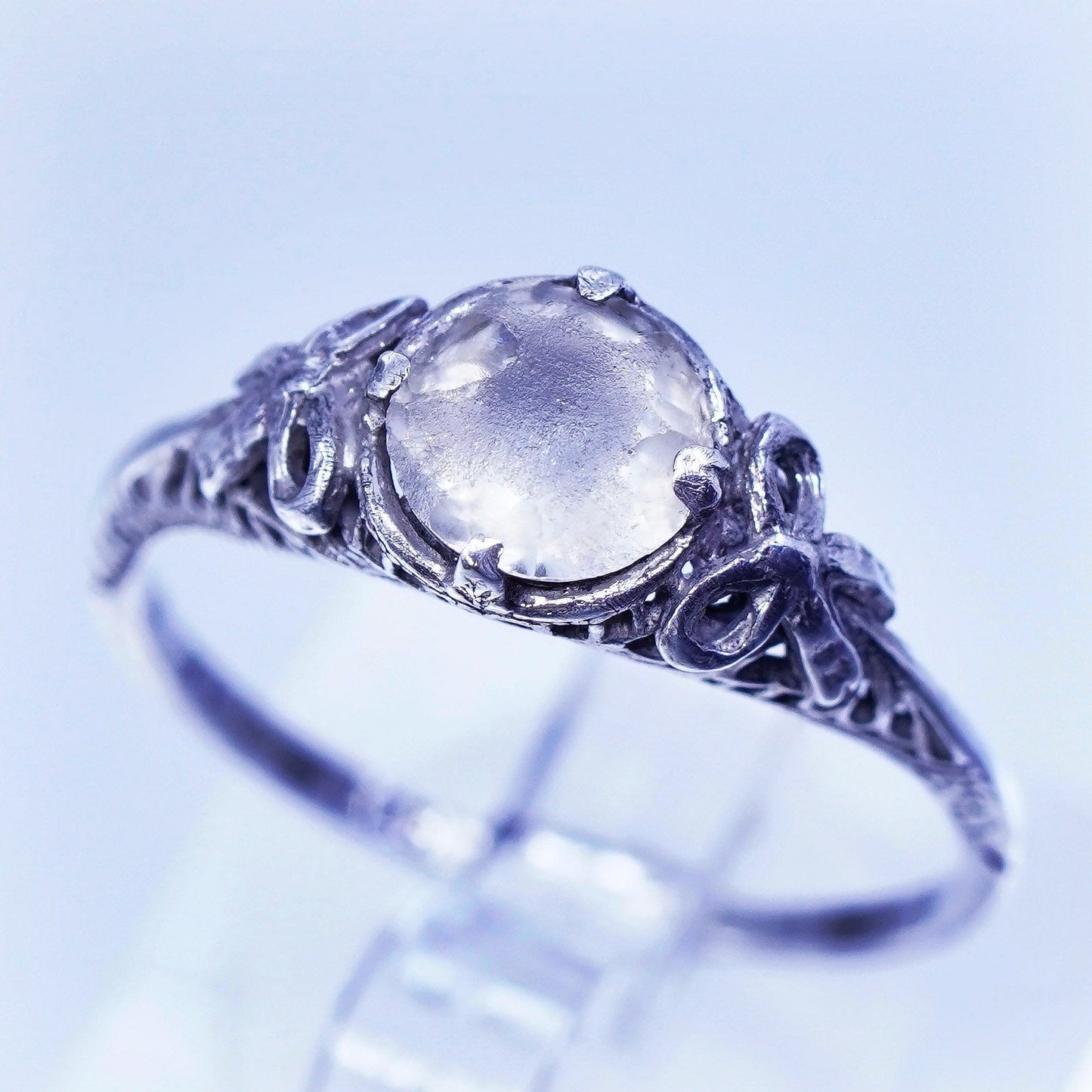 Size 8.25, vintage Sterling 925 silver handmade ribbon bow ring with moonstone