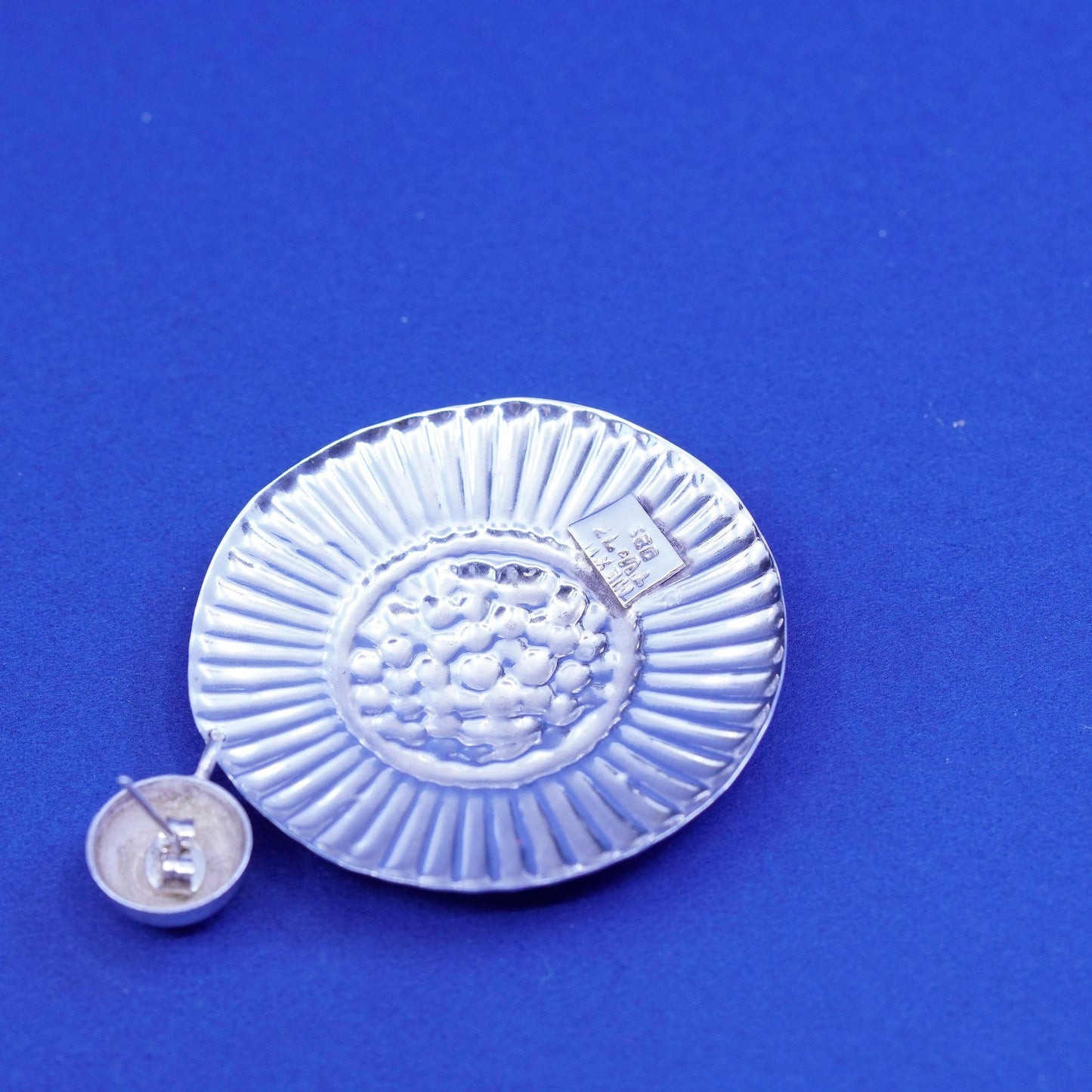Vintage Sterling Silver handmade Earrings. Huge 925 ribbed circle disc
