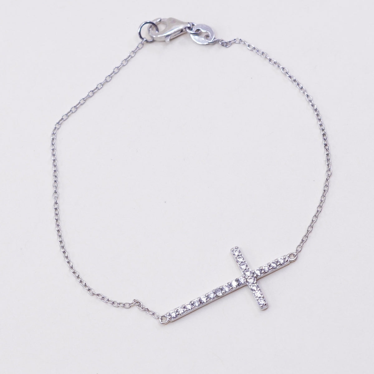 7”, vtg sterling silver handmade bracelet, Italy 925 chain with cross and Cz