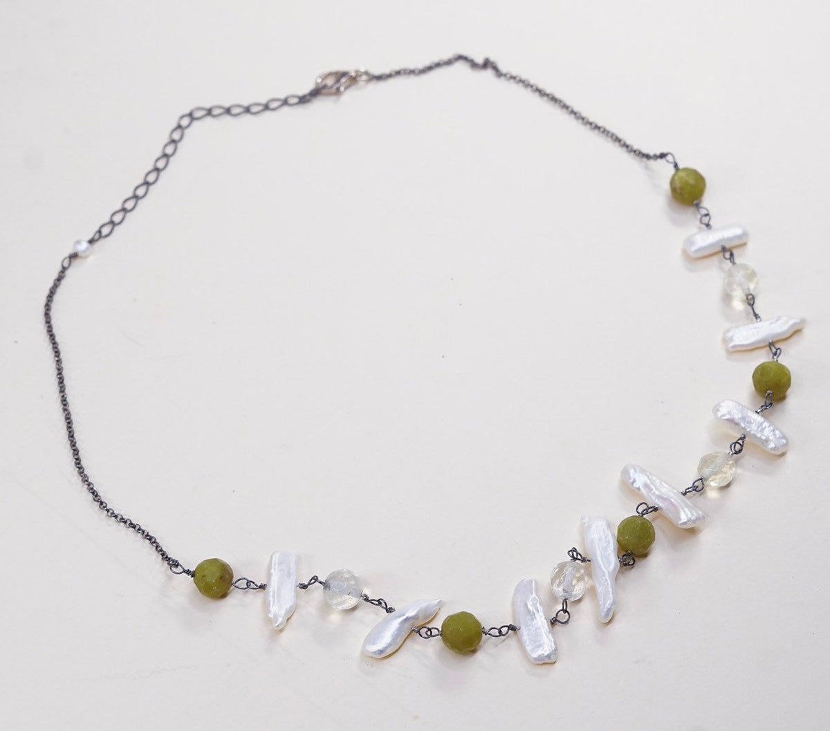16”+3”, vtg handmade Sterling silver chain w/ pearl N jade beads