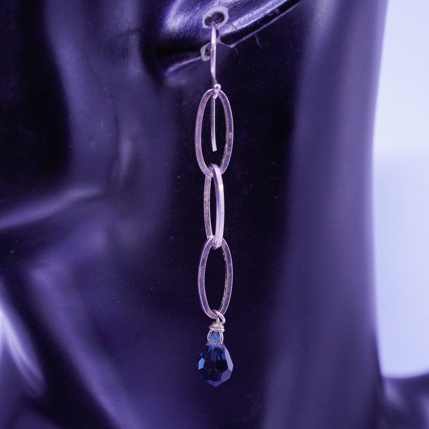 Vintage Sterling 925 silver handmade oval link earrings with teardrop topaz