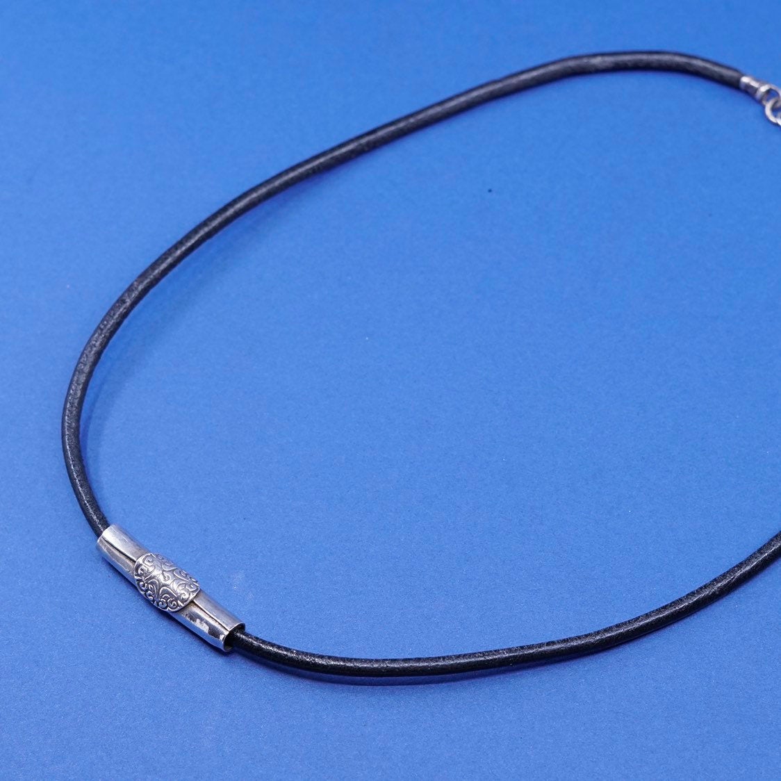 17” sterling 925 Silver necklace, Black Leather chain w/ 925 slide tube pendant