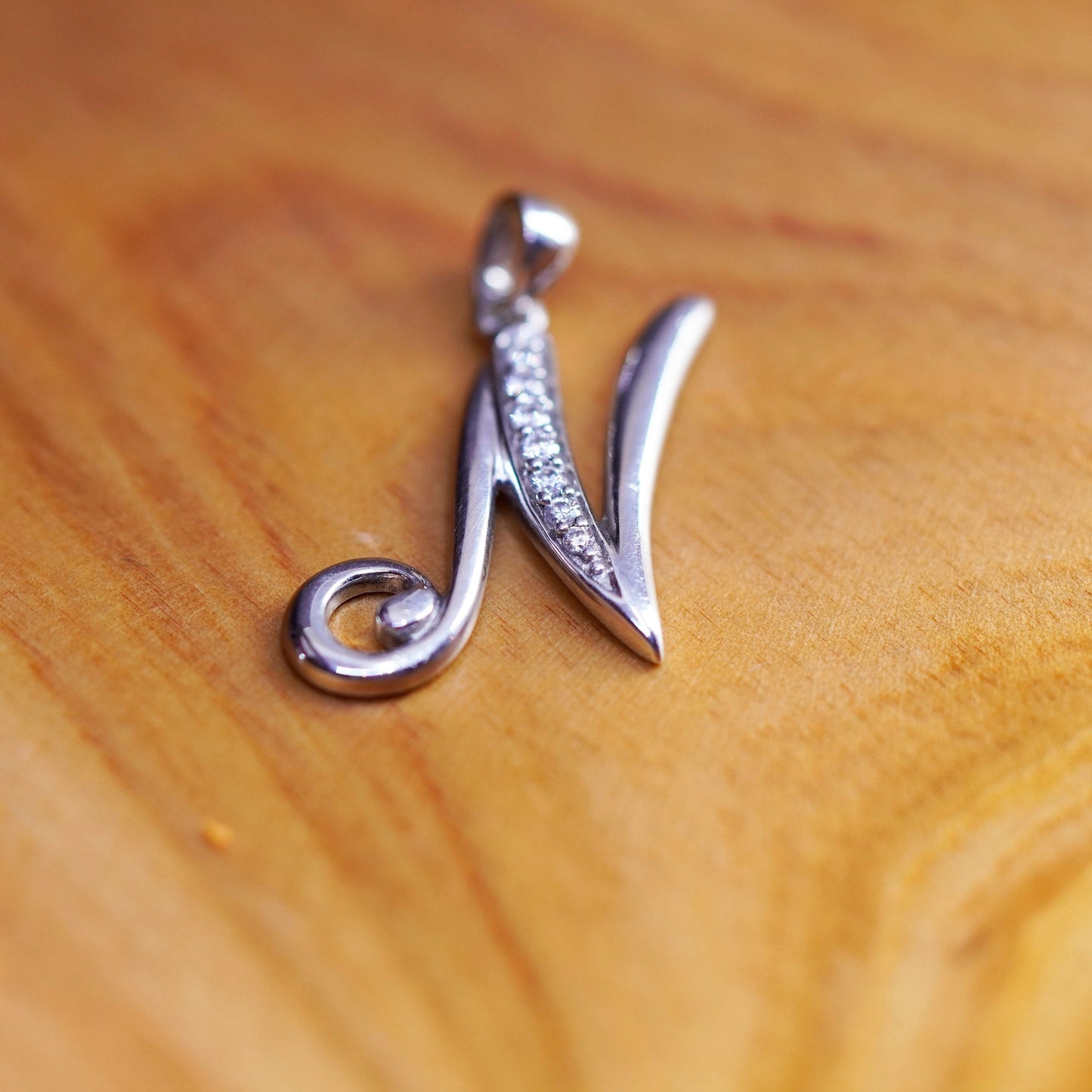 Vintage Sterling silver handmade initial N pendant, 925 charm with cz