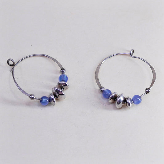 0.75”, sterling 925 silver loop earrings, primitive hoops blue cats eye beads