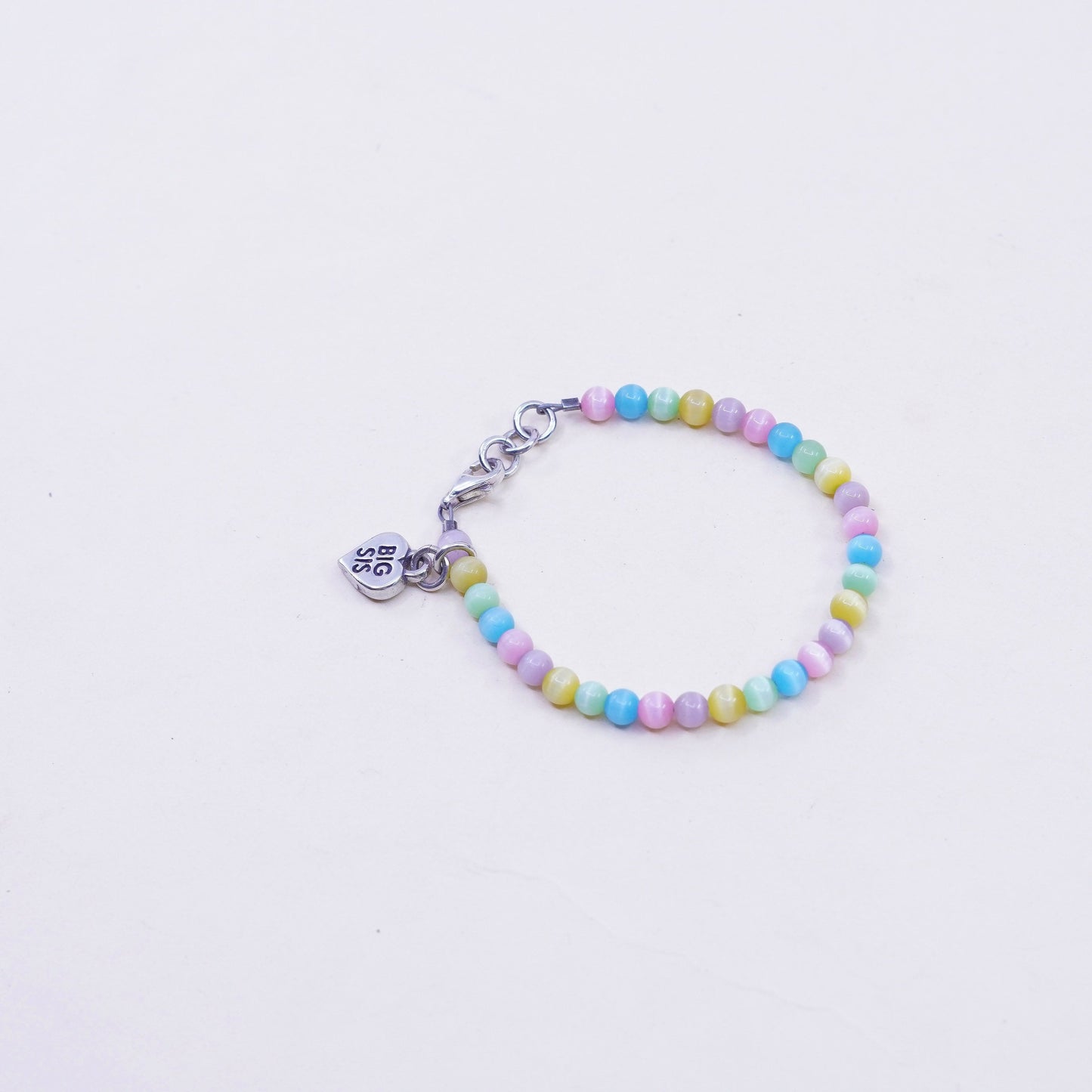 5.5”, sterling 925 silver handmade bracelet, colorful tiger eye heart charm