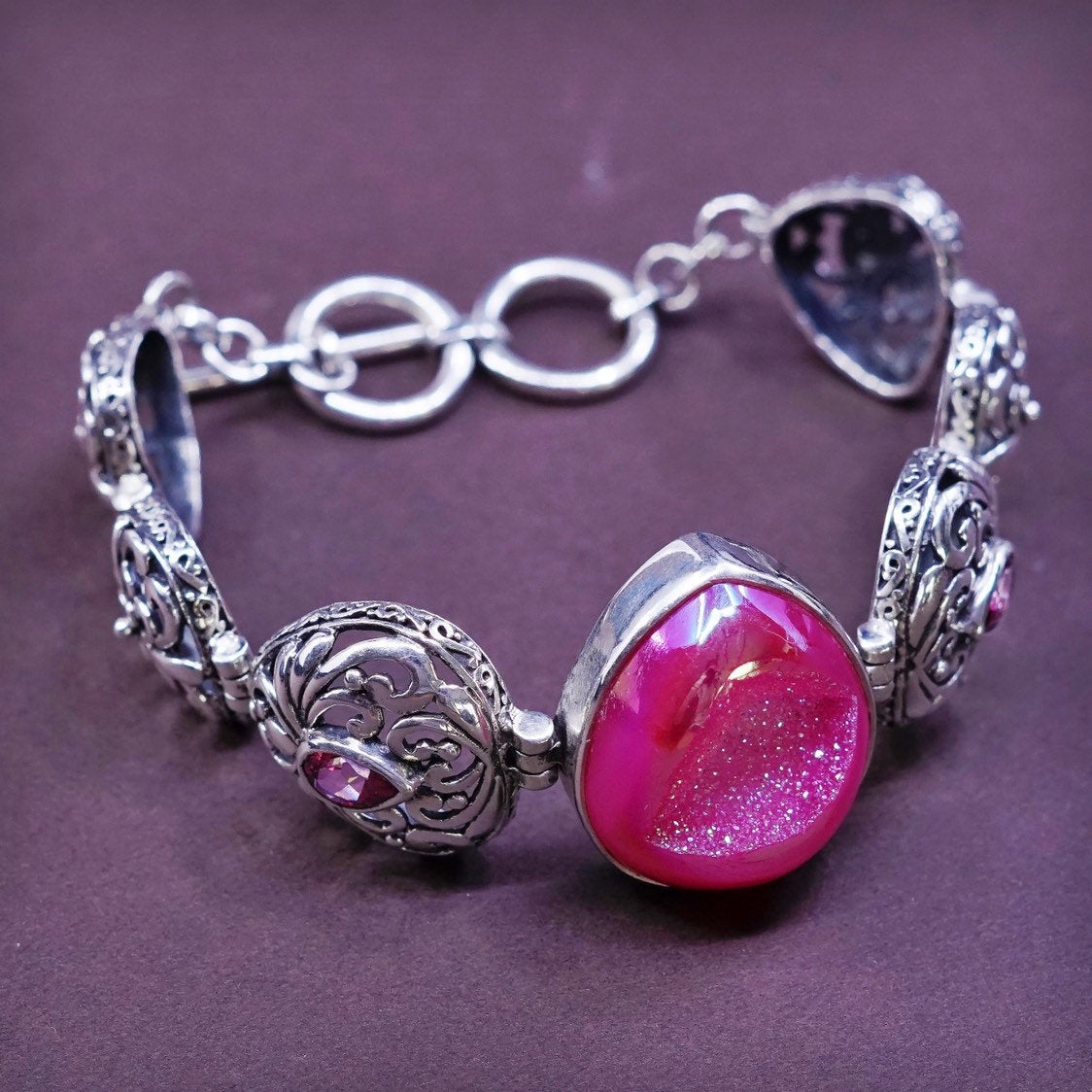 6.5"+0.5”, Sterling silver handmade bracelet, 925 w/ pink druzy stone n ruby