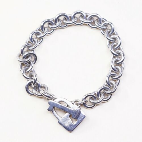 7.25” Vintage Sterling Silver Handmade Bracelet, 925 Silver chain w/ Lock charm