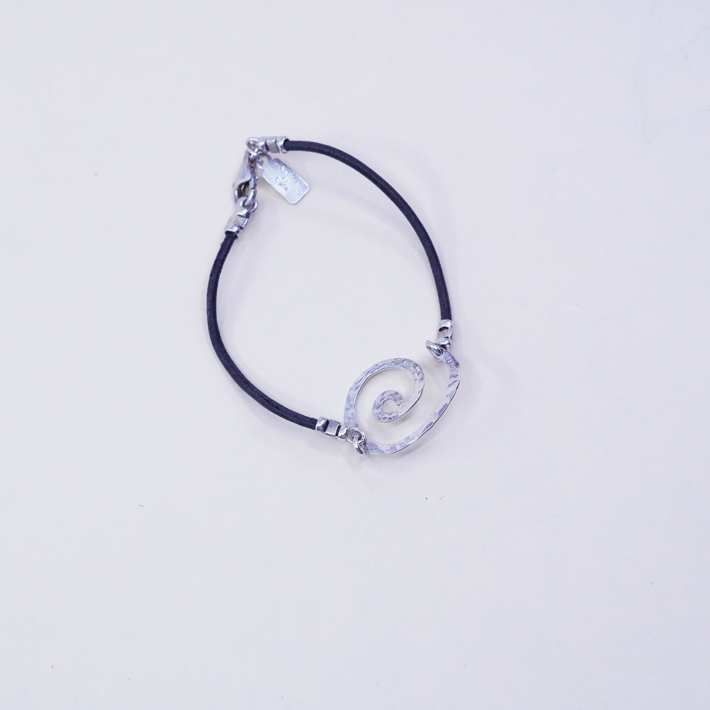6”, Vintage Dana Sterling silver handmade bracelet, 925 hammered swirl leather