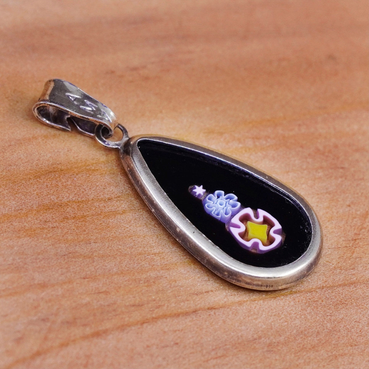 vtg handmade Sterling silver multicolor pendant, Murano teardrop glass pendant