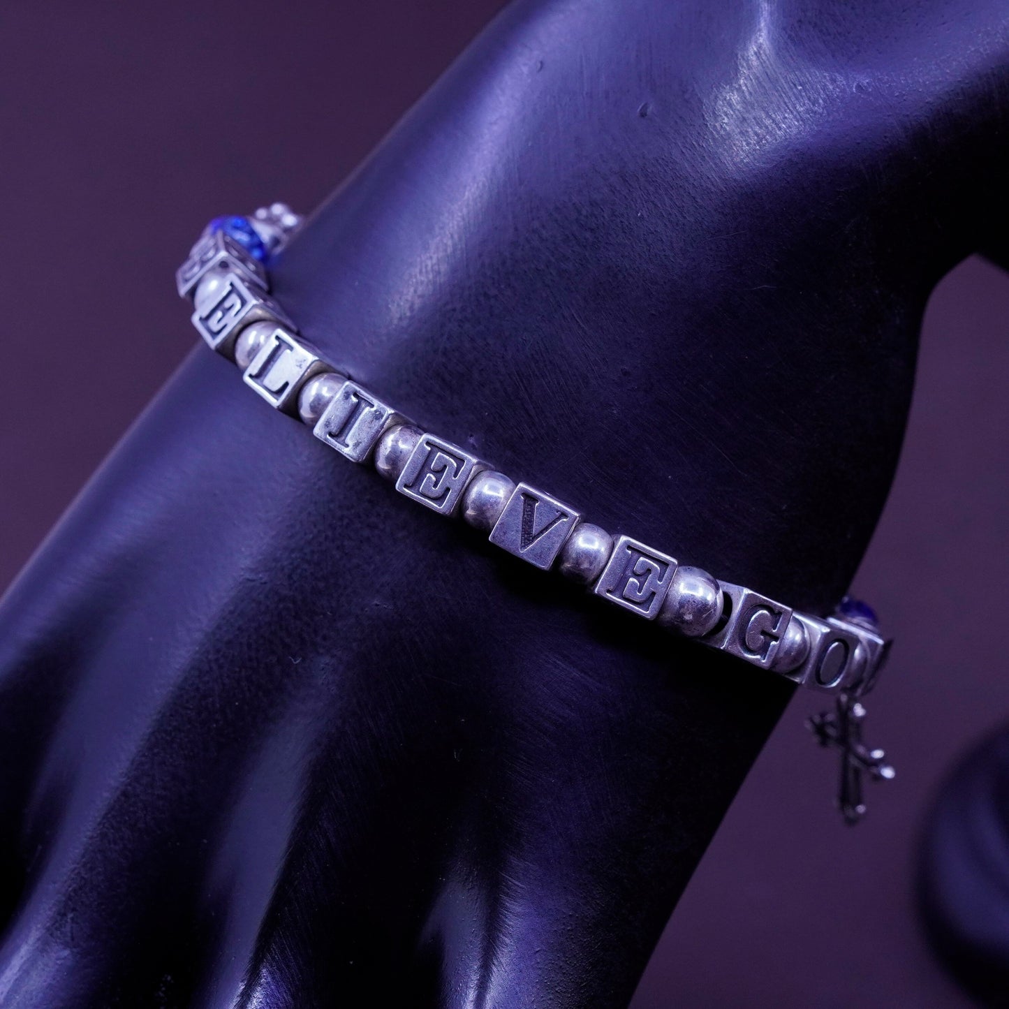 7”, Sterling 925 silver bracelet amethyst beads “believe god” cubes cross charm