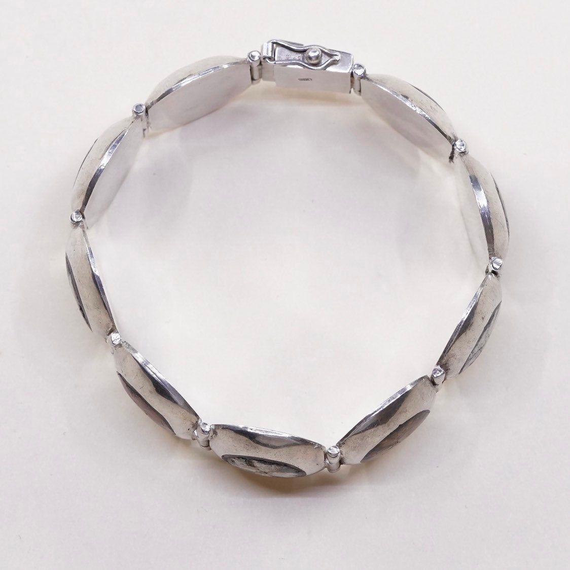 6.5”, VTG Sterling silver handmade bracelet, 925 with mother of pearl clover