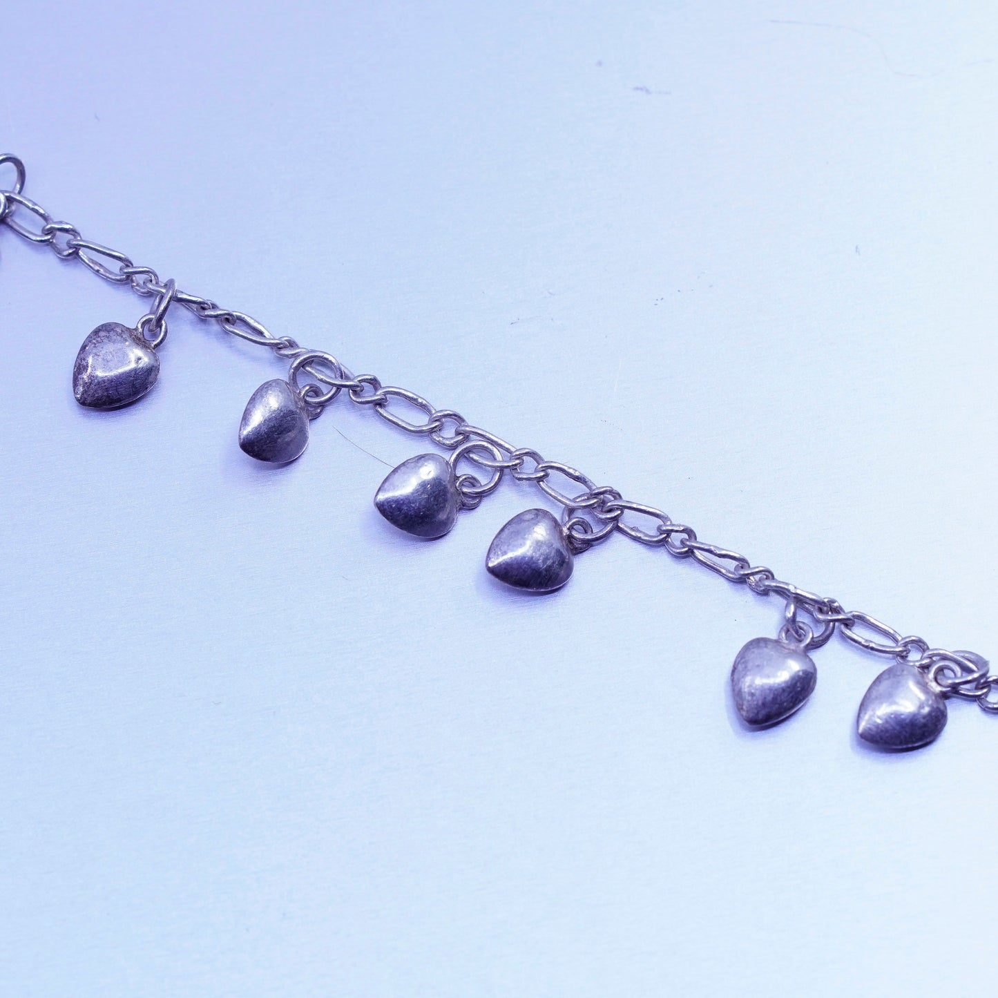 7.25”, vintage Sterling 925 silver handmade bracelet, figaro chain heart charms