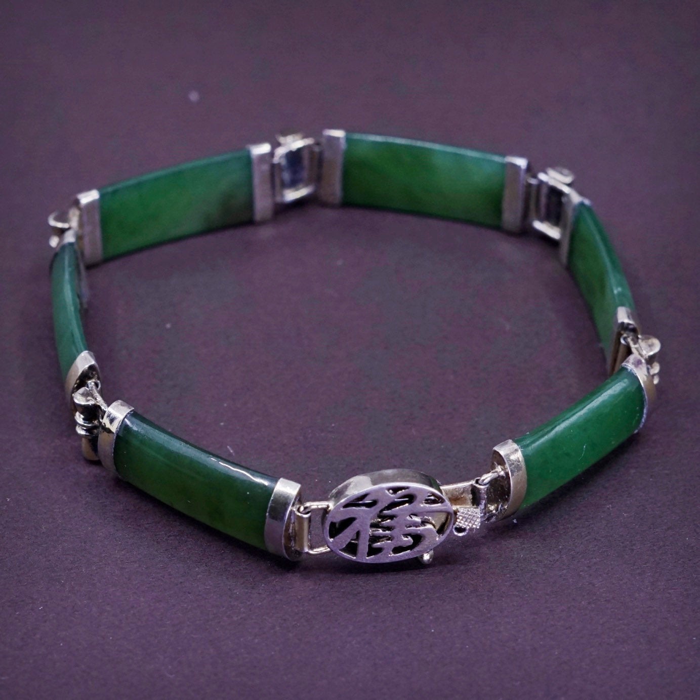7.25”, vtg vermeil gold over Sterling 925 silver tennis bracelet w/ green jade
