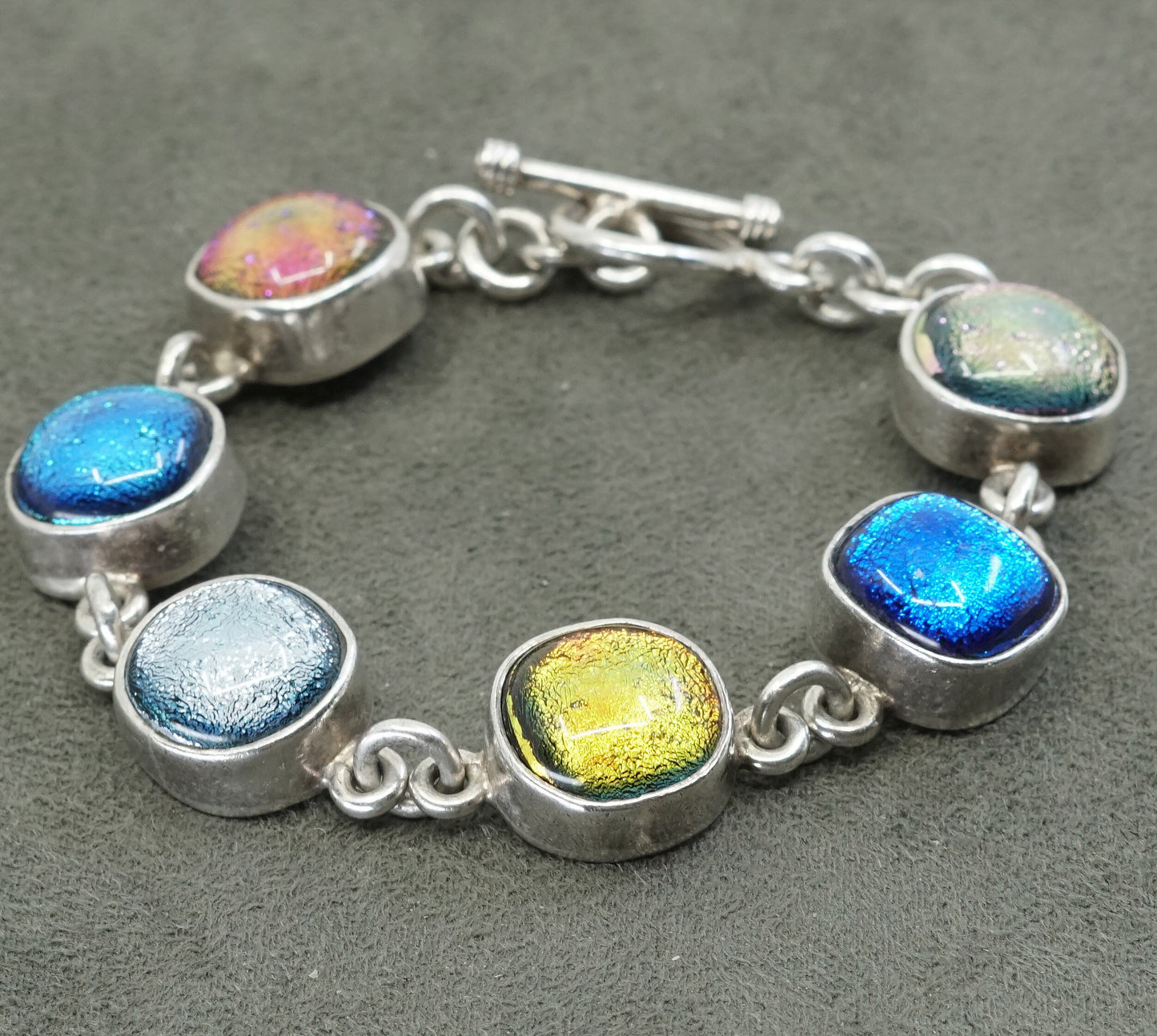 6.75", mexico Sterling 925 silver handmade bracelet w/ colorful foil glass bead