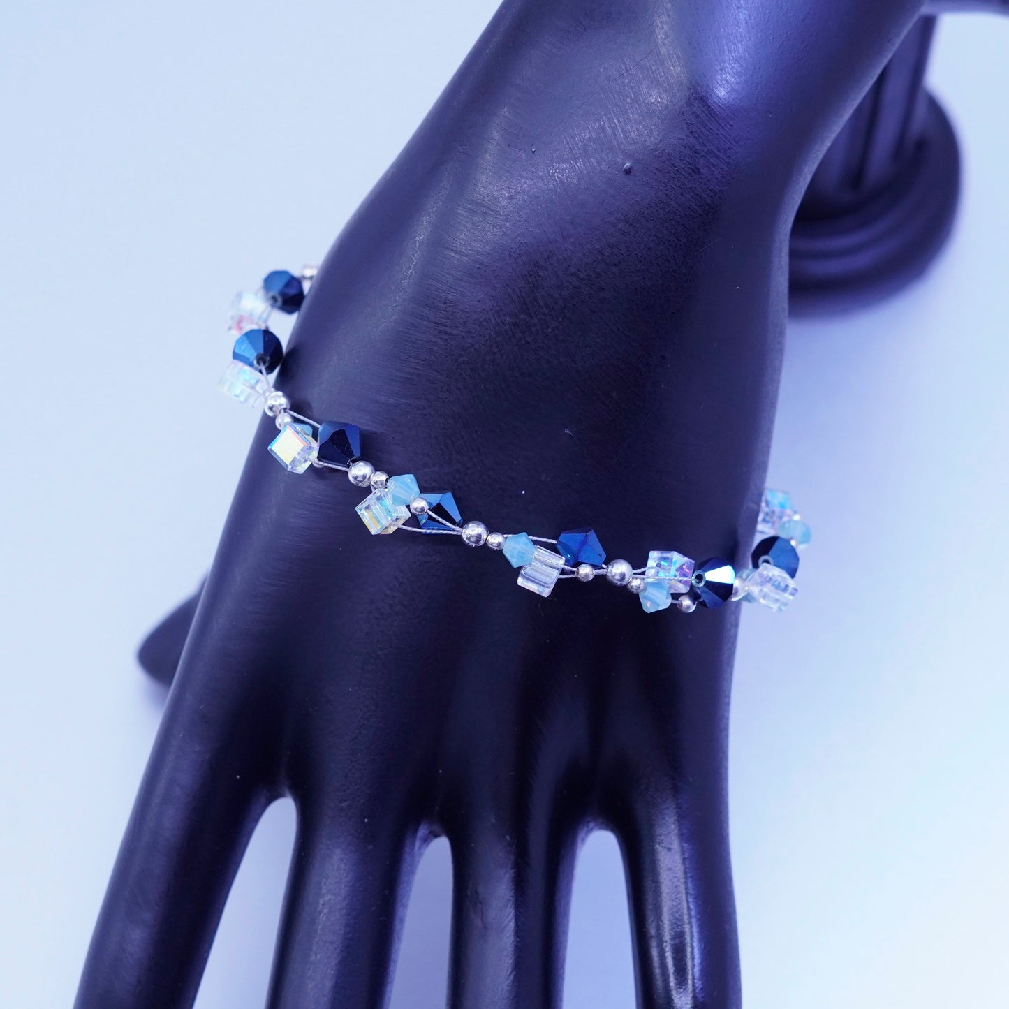 7.5”, vintage Sterling 925 silver bracelet with blue crystal beads