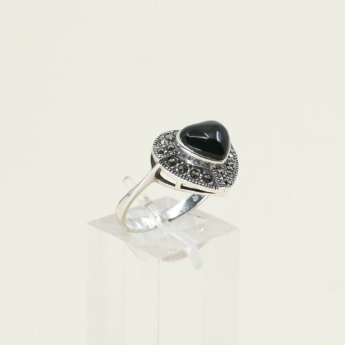 Sz 7.25, Sterling Silver handmade Ring, 925 Silver W/ Obsidian Heart n marcasite