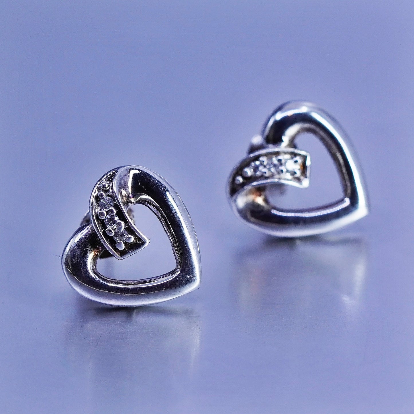 Vintage Sterling 925 silver handmade earrings, heart studs with cz
