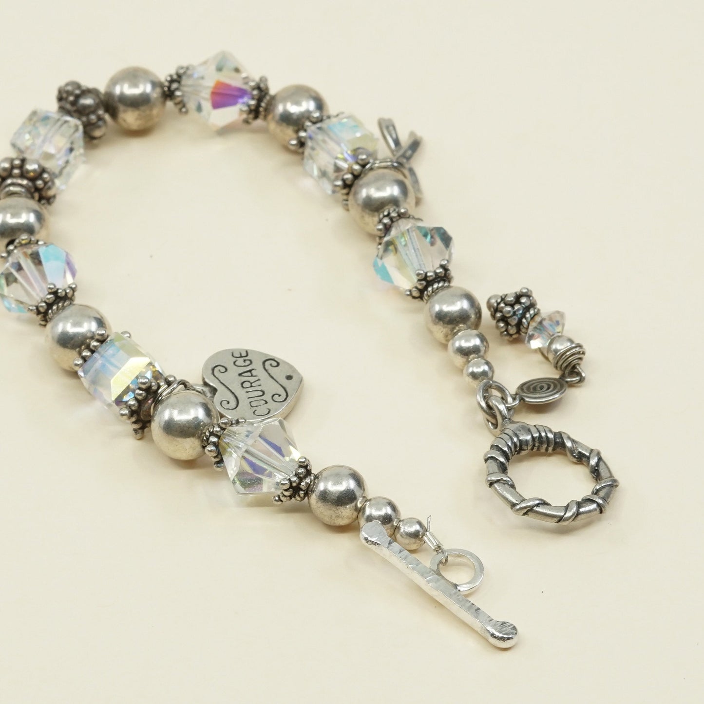 7", VTG Sterling silver handmade bracelet, 925 beads w/ crystal beads N heart