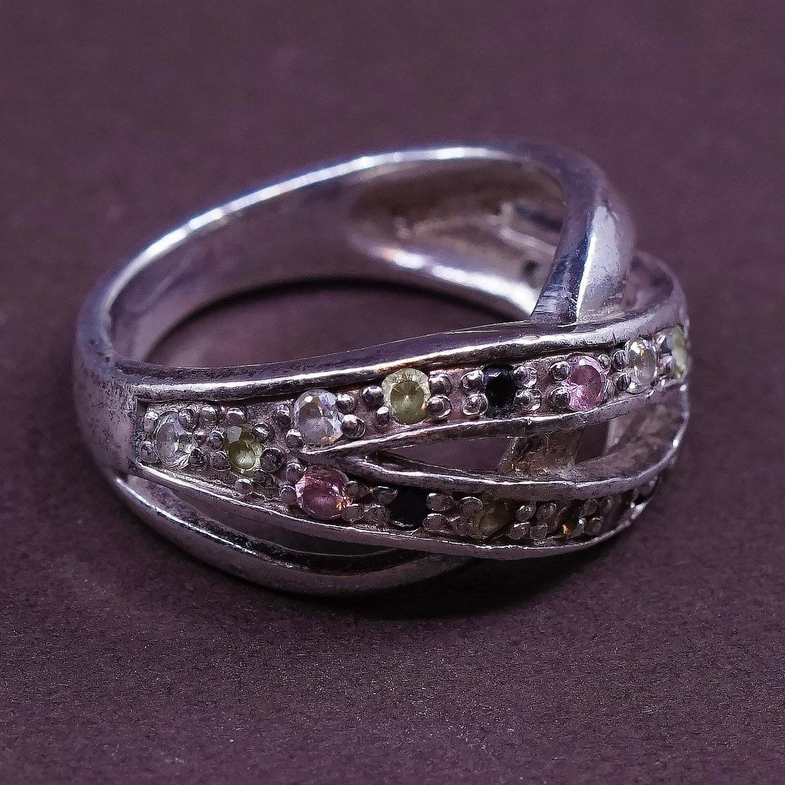 sz 6.75, vtg Sterling silver anniversary ring, 925 band w/ cluster cz